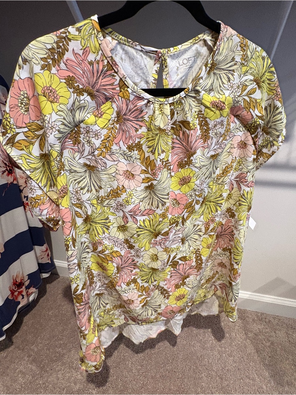 LOFT Floral Short-Sleeve Blouse in Yellow, Pink & Cream